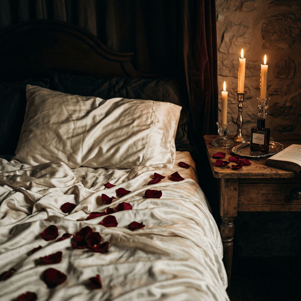 Candlelit bedroom with rose petals, perfume, and an open book