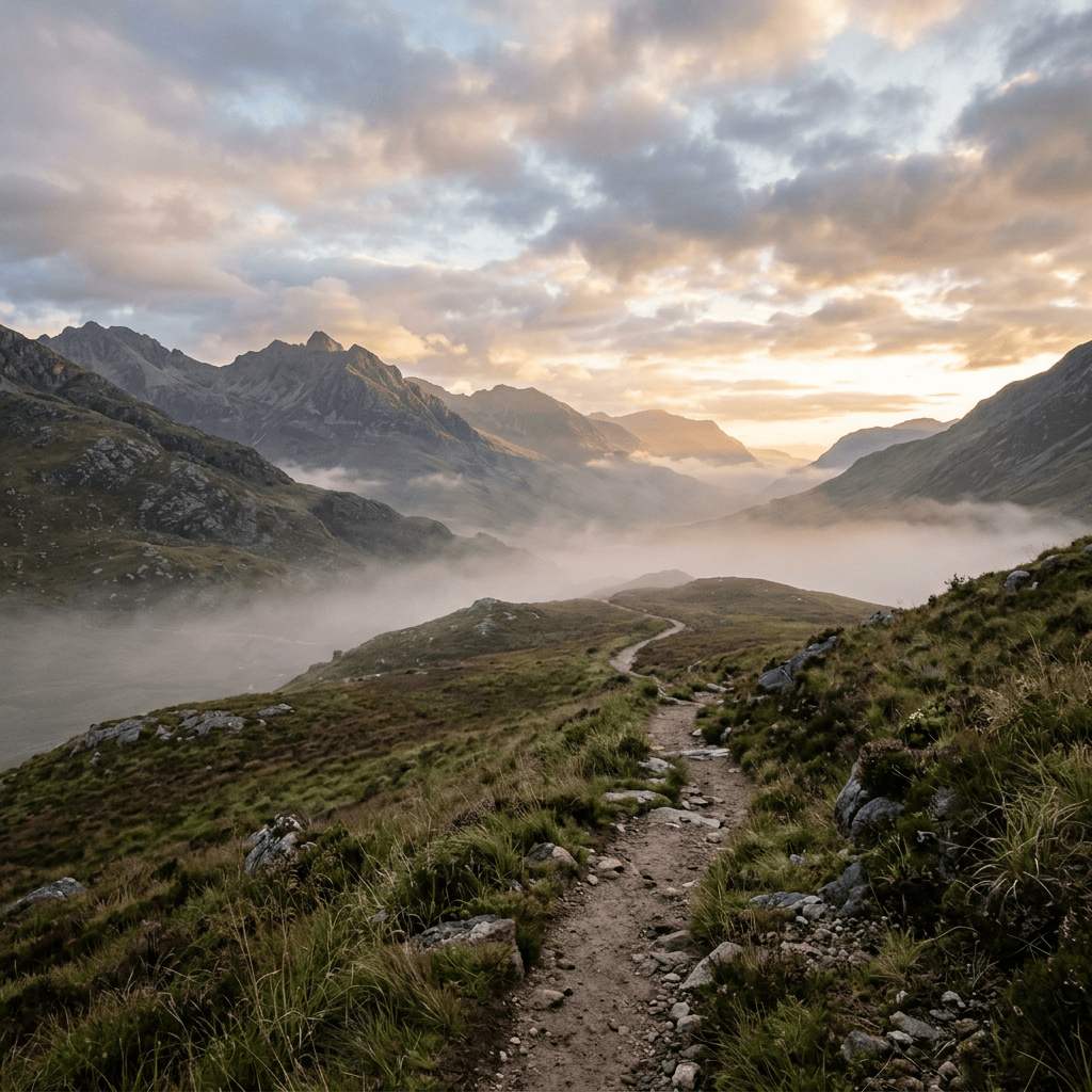 Winding trail through alpine grasslands toward misty mountain peaks at sunset