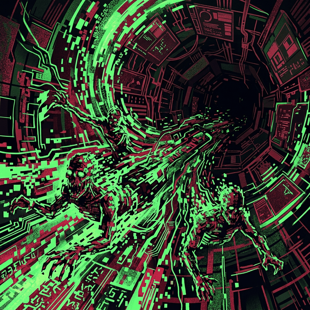 Three skeletal figures in a neon green and red cybernetic environment