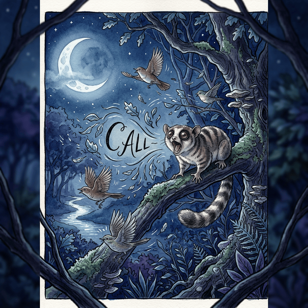 Illustration of a lemur and birds beneath a moon, with “CALL”