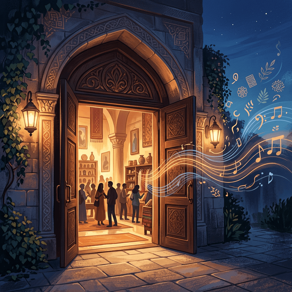 Ornate open doorway with people gathered inside and musical notes floating outside