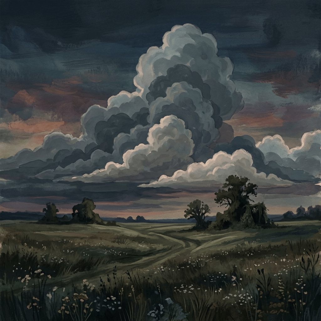 Towering storm clouds over flower-filled countryside fields and winding paths