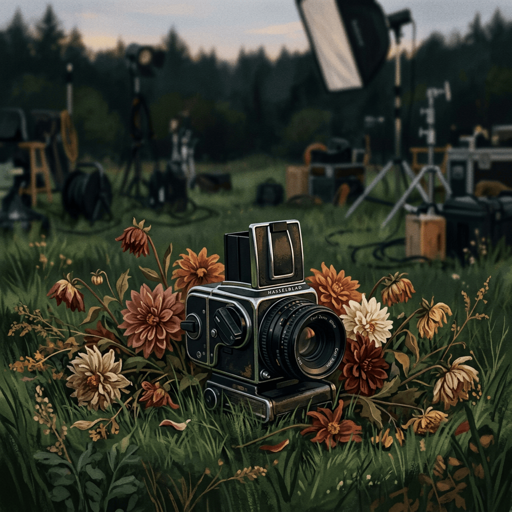 Vintage Hasselblad camera surrounded by wildflowers on an outdoor film set