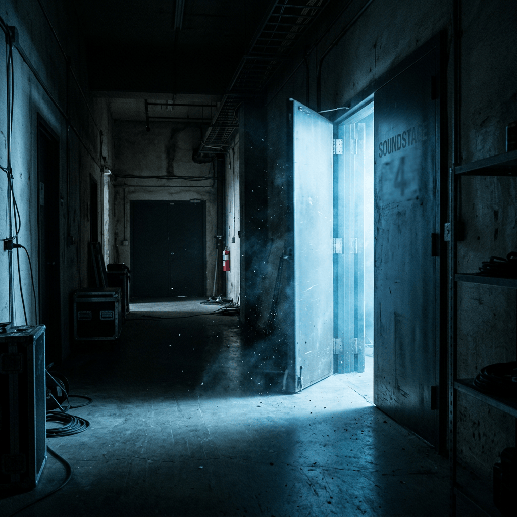 Dark industrial backstage corridor with open door marked SOUNDSTAGE