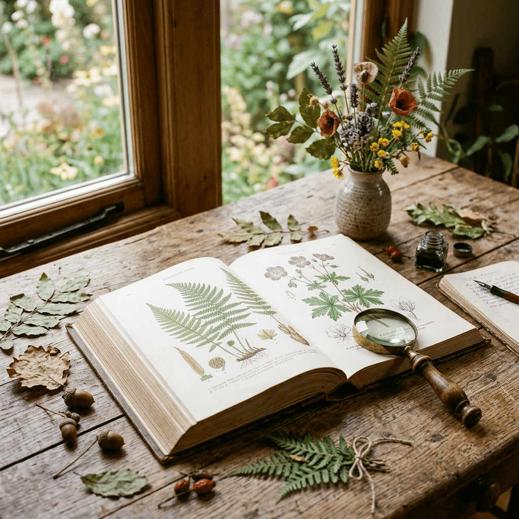 Open botanical book with pressed plants, magnifying glass, and flowers on wooden table